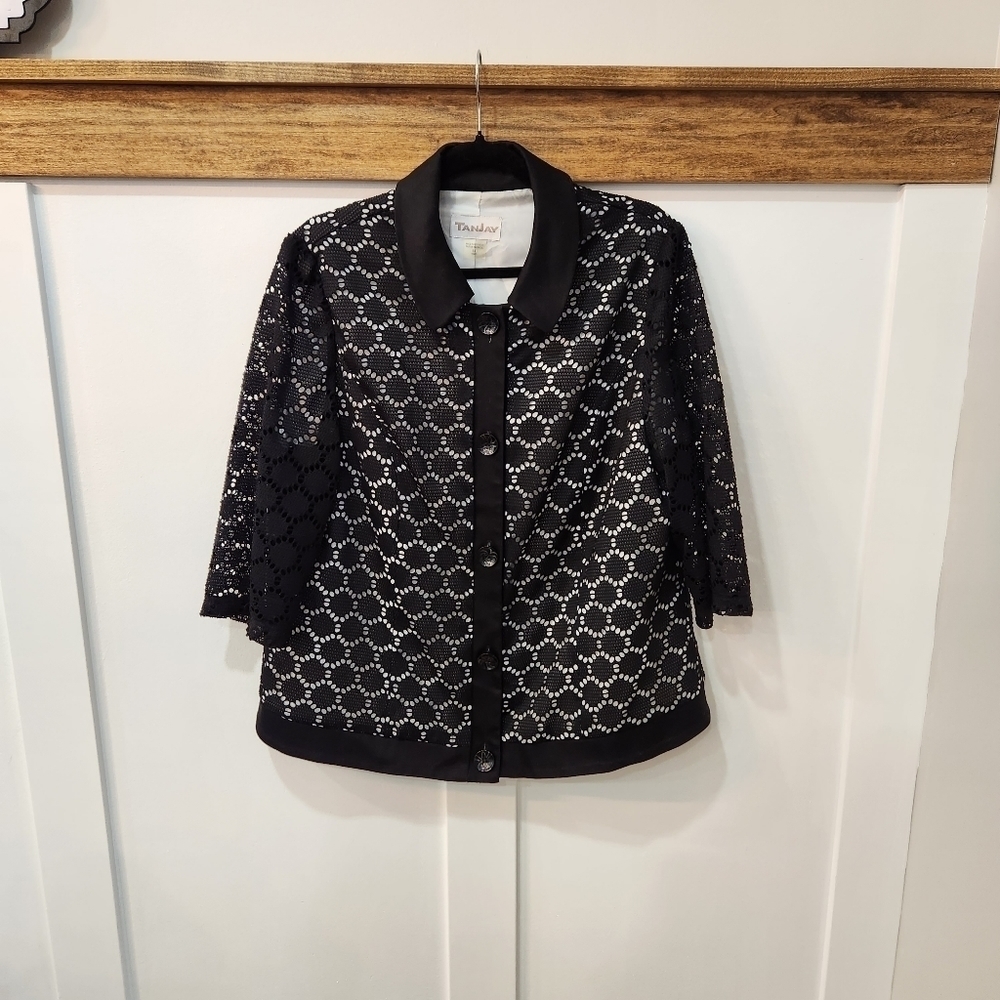 VINTAGE Womens TanJay Jacket Blazer Geometric Design Lined Black Size 14
